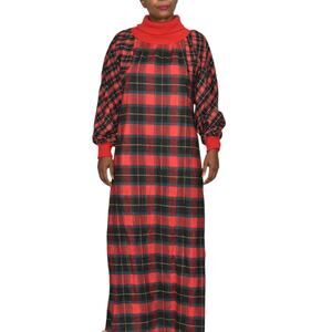 Vintage Plaid Flannel Nightgown Red Barad Tartan High Collar Pockets Long Large
